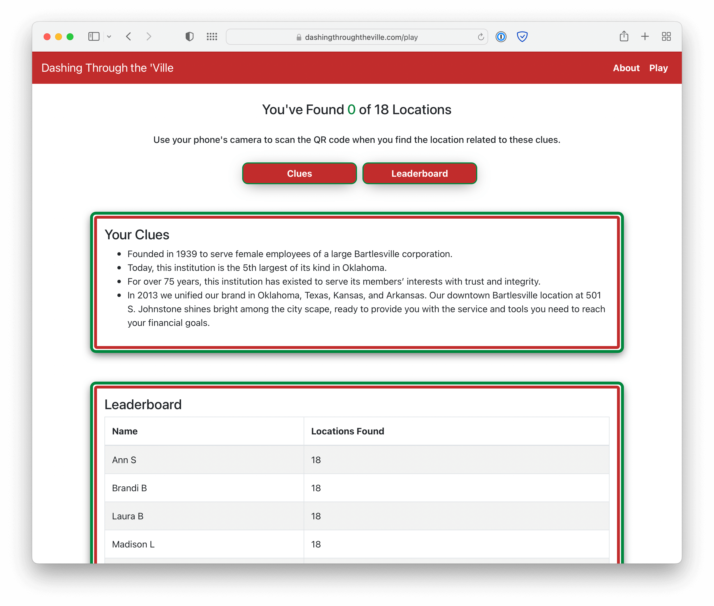A screenshot of dashingthroughtheville.com's clues and leaderboard page