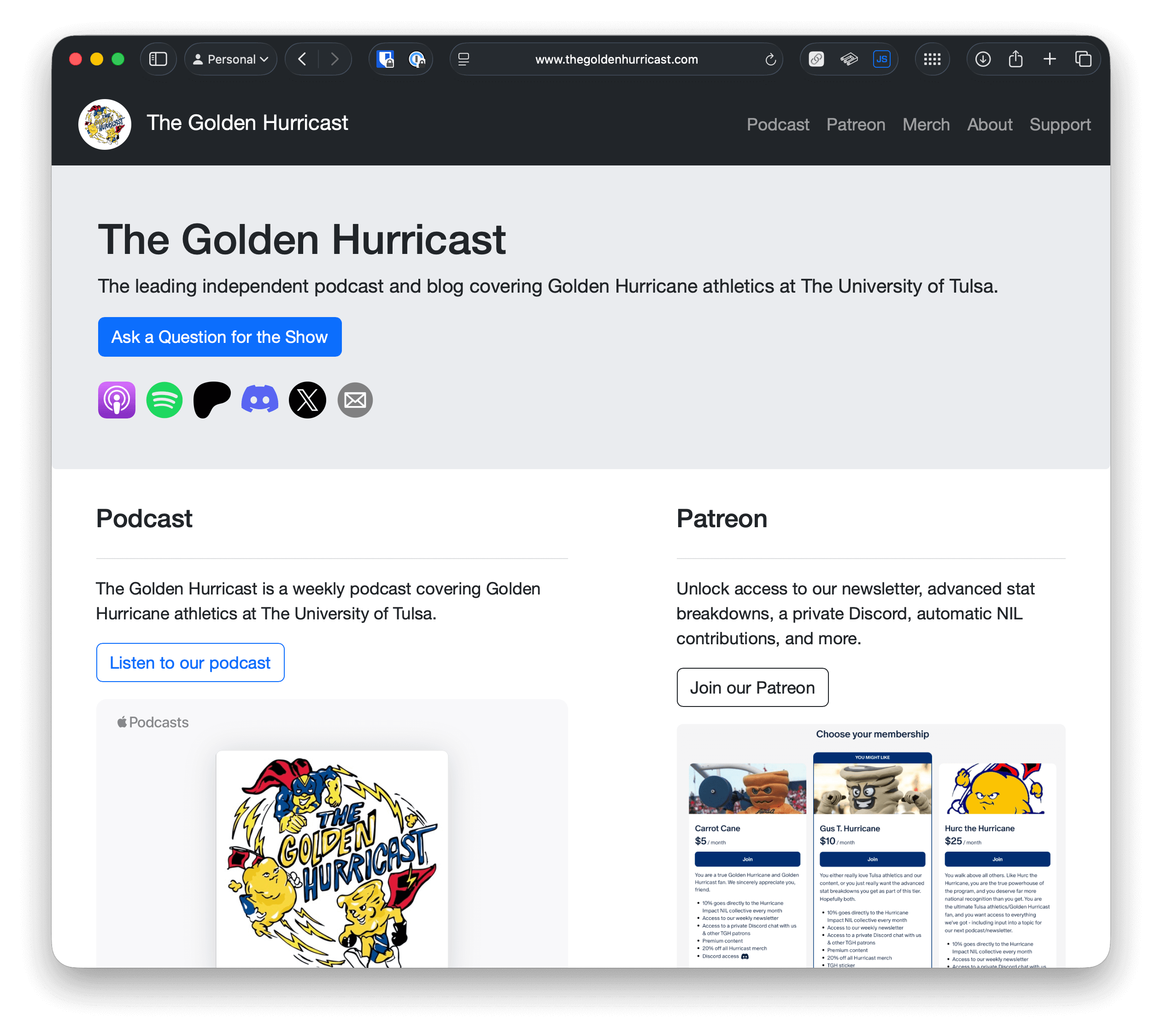 A screenshot of thegoldenhurricast.com's homepage