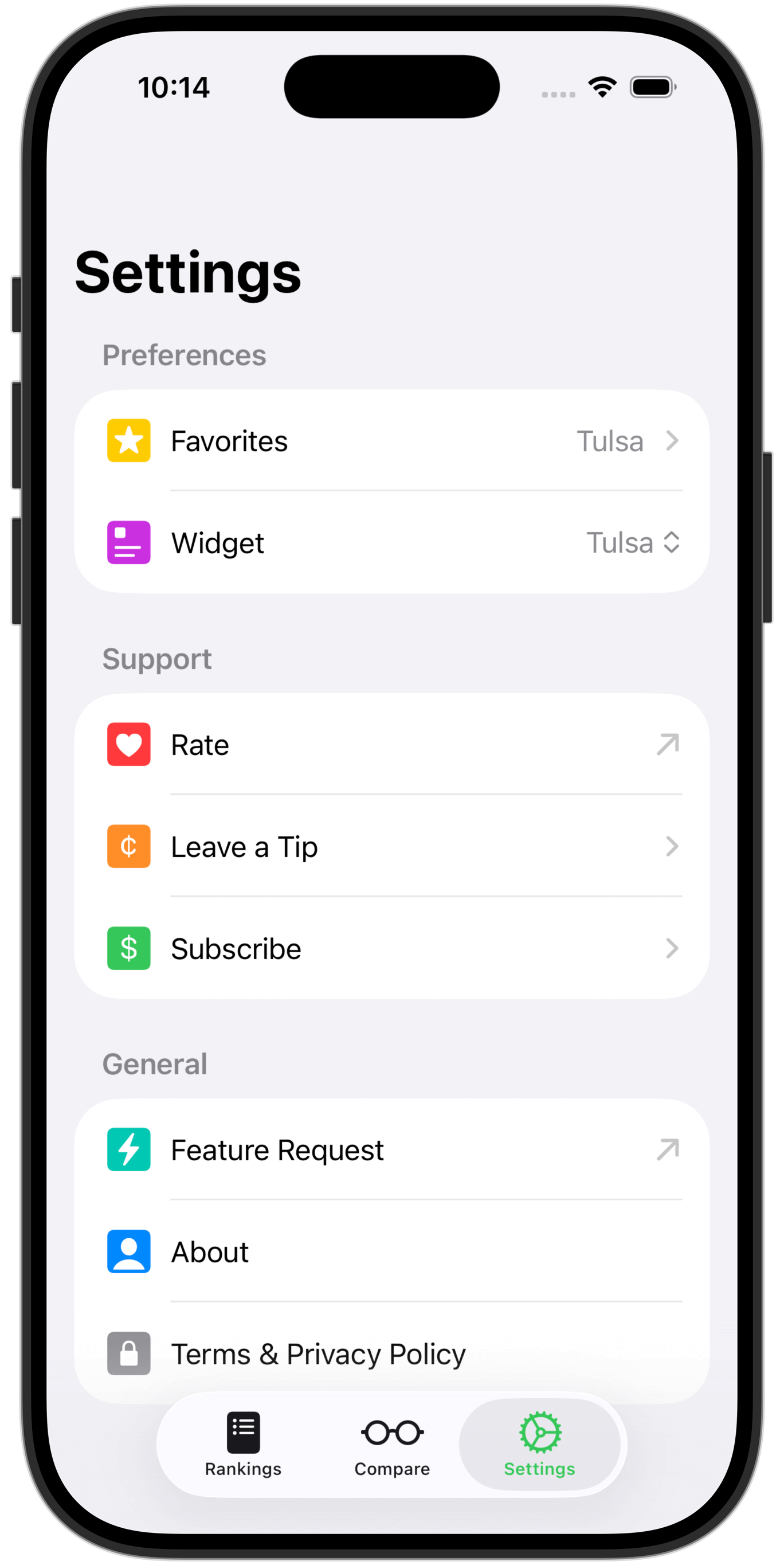 Outrank's settings screen