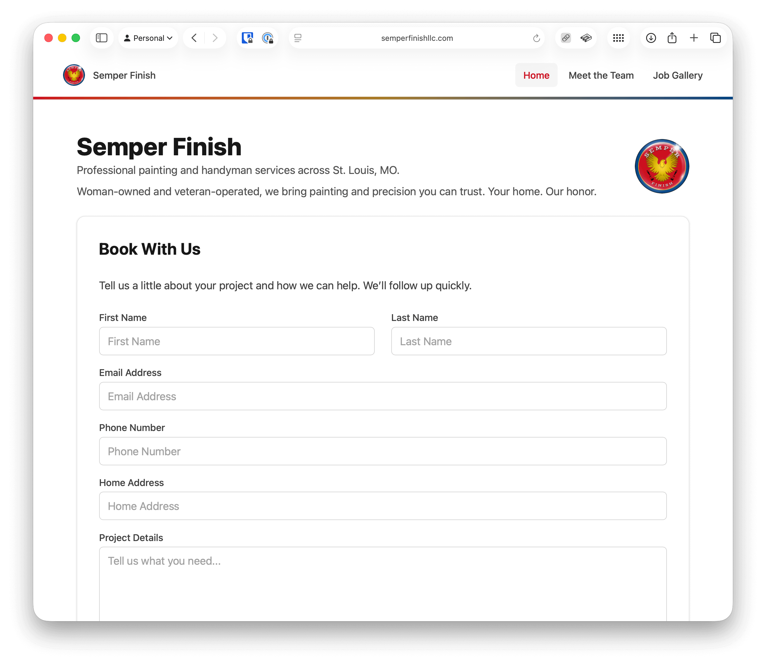 A screenshot of semperfinishllc.com's homepage